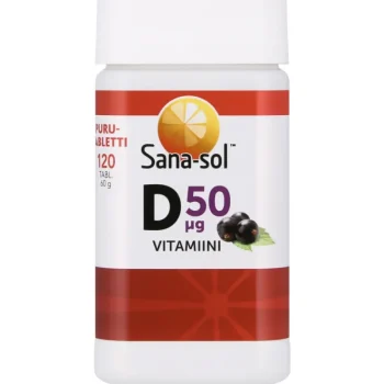 Sana Sol Terveysravinteet Ja -valmisteet^D-vitamiinipurutabletti 50 u00b5g 120 Kpl Mustaherukka