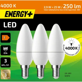 Energy+ Lamput-LED-lamppu 250 Lm 4000 K C35 E14, 3 Kpl