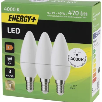 Energy+ Lamput-LED-lamppu 470 Lm 4000 K C35 E14, 3 Kpl