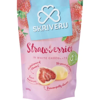 Skriveru Pähkinät Ja Kuivatut Hedelmät^Mansikanpaloja 100 G Valkosuklaakuorrute