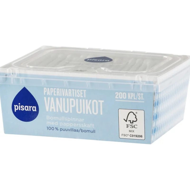 vanupuikko-pisara-200-kpl-pape-SFTuRtRm-0.webp Pisara Hyvinvointi- Ja Terveydenhoitotarvikkeet^Vanupuikko 200 Kpl Paperivarrella
